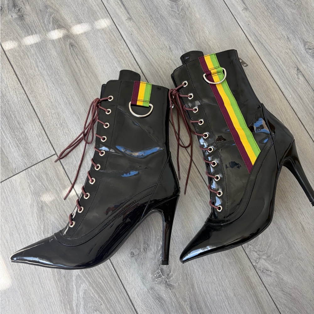 Sleek Black Patent Heeled Boots with Rainbow Stripe